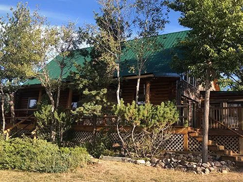 Log cabin home with green metal roofing, surrounded by trees and a wraparound deck